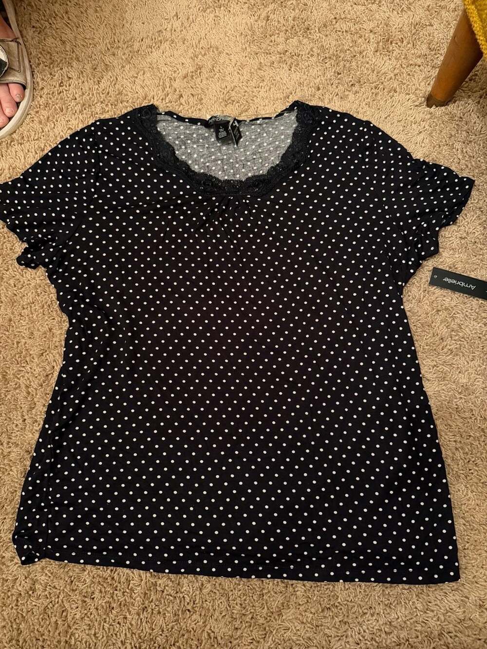 Ambrielle Women's Black and White Polka Dot Short Sleeve Top with Lace Neckline